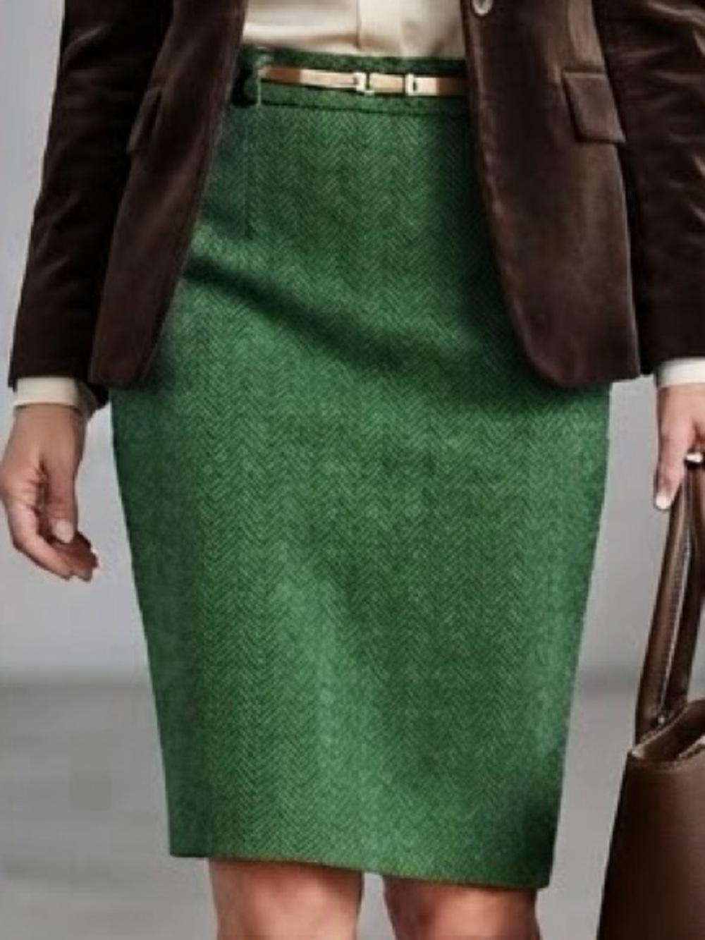 Boden Heritage British Tweed Wool Skirt 4L Green Herringbone Pencil Skirt